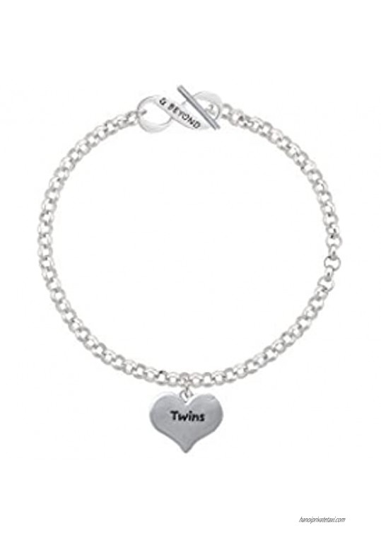 Delight Jewelry Silvertone Twins Heart with Two Pair of Baby Feet & Beyond Infinity Toggle Chain Bracelet  8"
