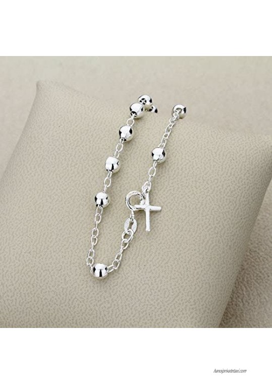 Double Accent Sterling Silver 5mm Bead Plain Cross Charm Rosary Bracelet (7.25 7.5 Inches)