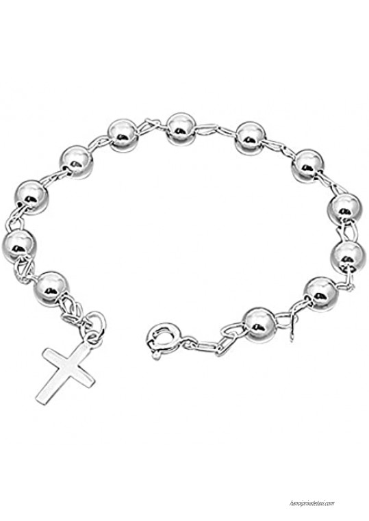 Double Accent Sterling Silver 5mm Bead Plain Cross Charm Rosary Bracelet (7.25  7.5 Inches)