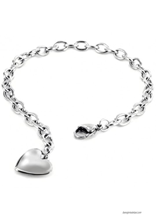 ELYA Jewelry Womens Stainless Steel Polished Heart Charm Bracelet 7.5-Inch Color White