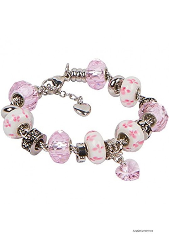 Heart Charm Bracelet With European Bead Charms For Women and Girls Stainless Steel Rope Chain Love 7.5 Inch