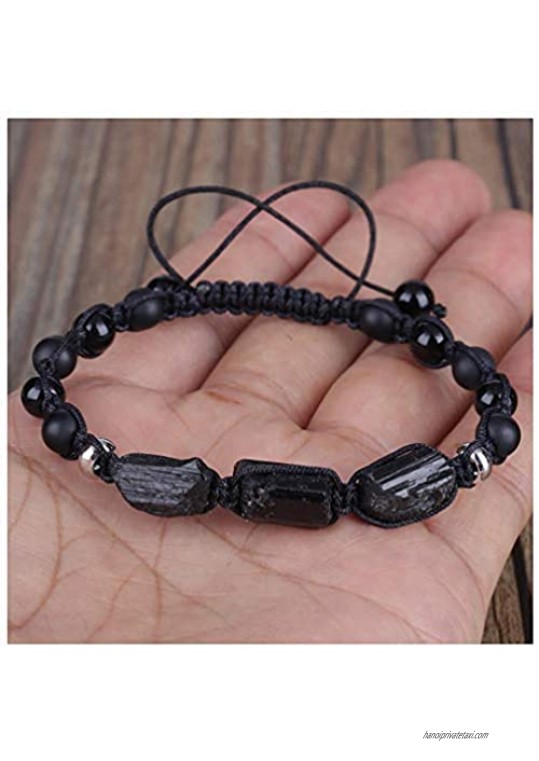 Hynsin Natural Rough Black Tourmaline Healing Stone Bead Matte Onyx Alternate Lava Nylon Rope Unisex Adjustable Macrame Energy Bracelet