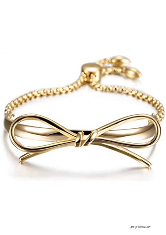 JINBAOYING Gold Bangle Bracelets for Women Girls Fashion Bow Charm Bracelets 316L Stainless Steel Adjustable Slider and Triple Three Stackable Cable Wire Twisted Bangle Bracelets