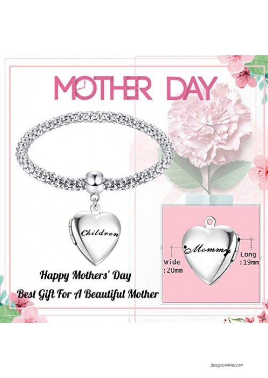 JOERICA Mom Photo Charm Bracelet for Women Stainless Steel Mother Children Love Heart Bracelet Gift for Mom