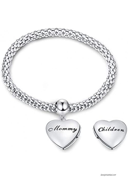 JOERICA Mom Photo Charm Bracelet for Women Stainless Steel Mother Children Love Heart Bracelet Gift for Mom