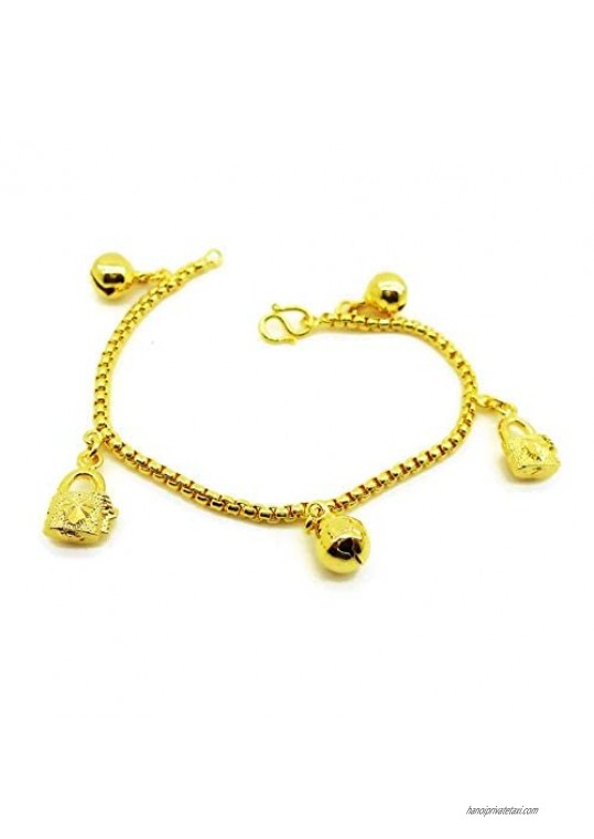 LOVE Heart Master Key Bell 23k 24k Thai Baht Jewelry Yellow Gold Plate Charm Bracelets 6.5 Inch