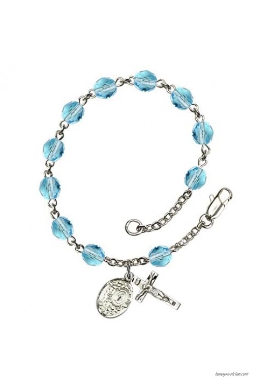 Miraculous Silver Plate Rosary Bracelet 6mm March Light Blue Fire Polished Beads Crucifix Size 5/8 x 1/4 medal charm