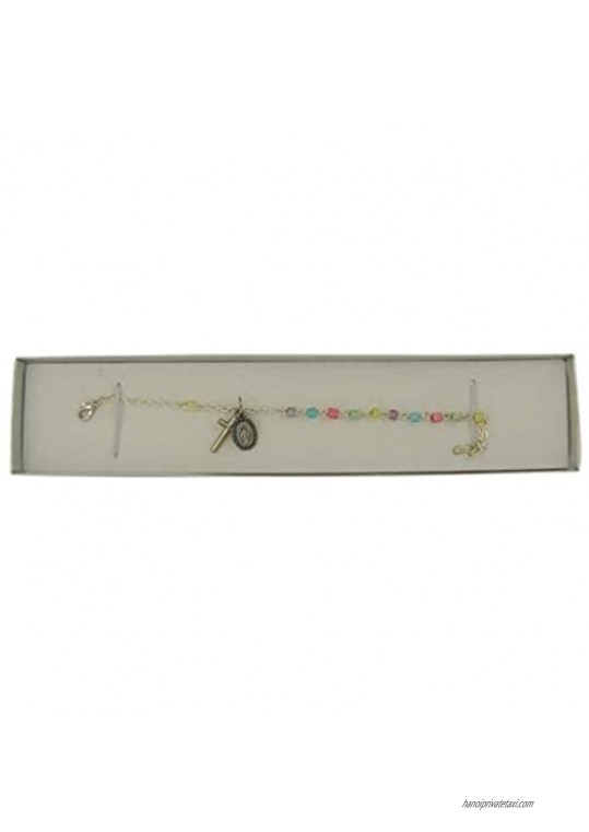 Needzo Multicolor Bead Rosary Bracelet with Crucifix and Miraculous Medal Charms 7 1/2 Inch