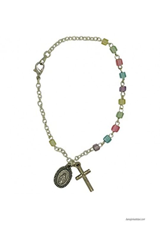 Needzo Multicolor Bead Rosary Bracelet with Crucifix and Miraculous Medal Charms  7 1/2 Inch