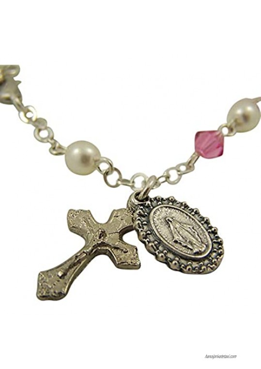 Needzo Pink Bead Catholic Bracelet with Crucifix and Miraculous Medal Charms 6 Inch