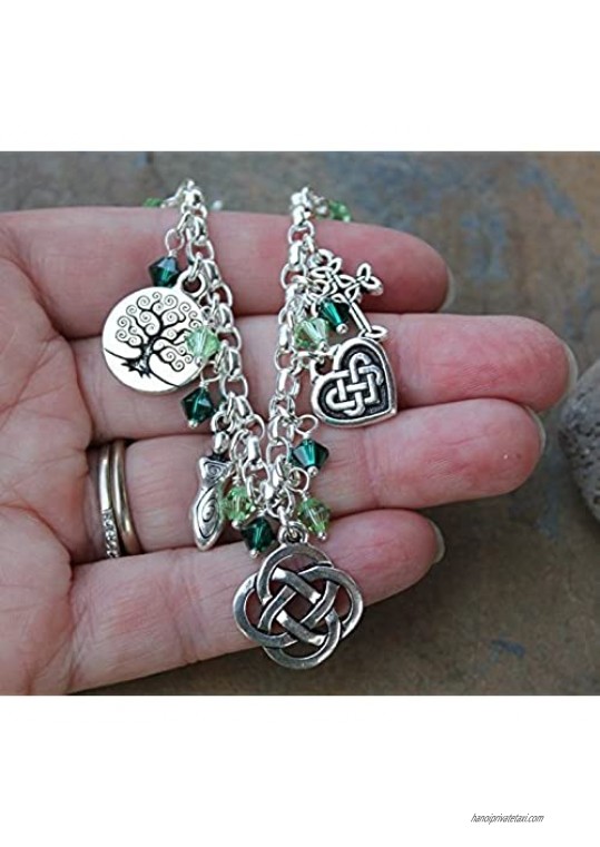 Night Owl Jewelry Silver Plated Deluxe Celtic Knots Charm Bracelet Heavy Sterling Silver Chain Green Crystals- Size XS-XL