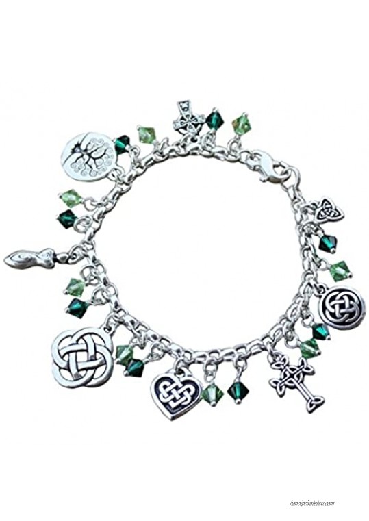 Night Owl Jewelry Silver Plated Deluxe Celtic Knots Charm Bracelet  Heavy Sterling Silver Chain  Green Crystals- Size XS-XL