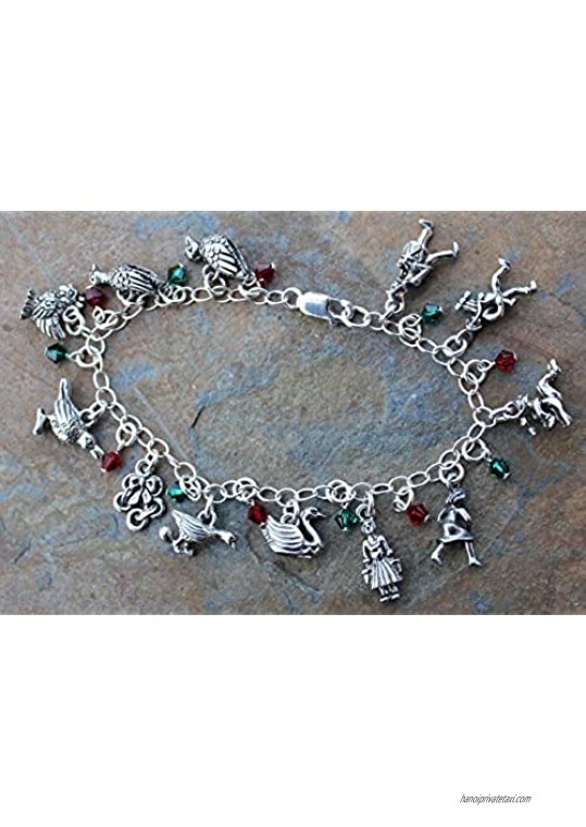 Night Owl Jewelry Twelve Days of Christmas Pewter Charm Bracelet- Sterling Silver Chain Red & Green Crystals