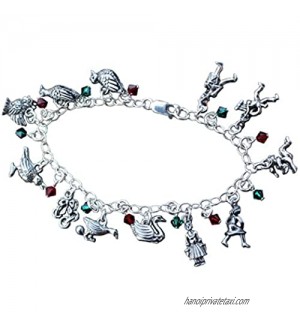 Night Owl Jewelry Twelve Days of Christmas Pewter Charm Bracelet- Sterling Silver Chain  Red & Green Crystals