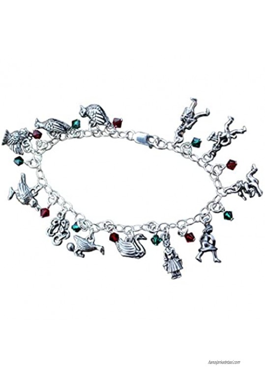 Night Owl Jewelry Twelve Days of Christmas Pewter Charm Bracelet- Sterling Silver Chain Red & Green Crystals
