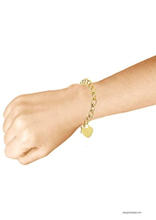 Ritastephens 14K Yellow Gold Shiny Dangle Heart Tag Charm Link Toggle Lock Bracelet 7.5