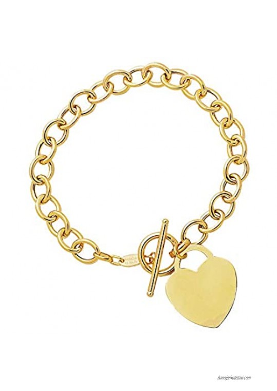 Ritastephens 14K Yellow Gold Shiny Dangle Heart Tag Charm Link Toggle Lock Bracelet 7.5"