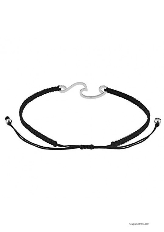 Serenity Ocean Wave .925 Sterling Silver Charm on Black Adjustable Bracelet