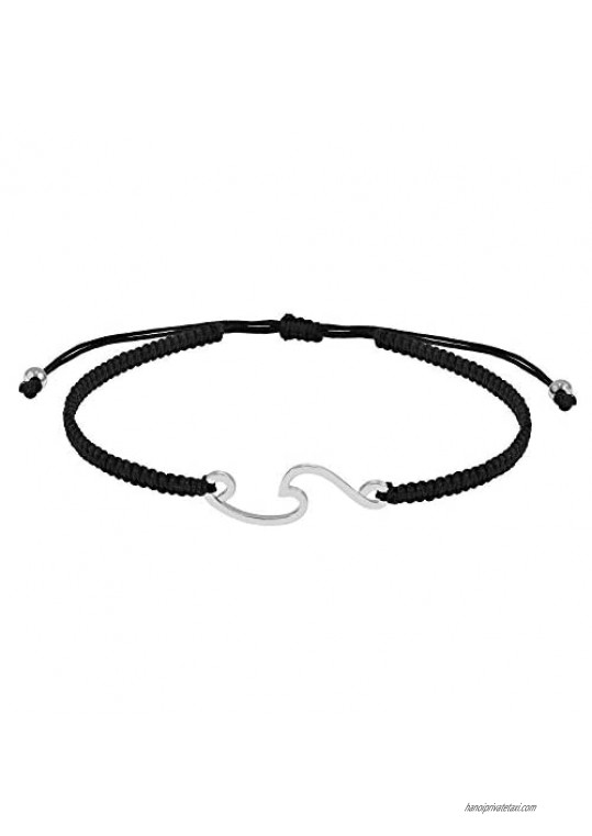 Serenity Ocean Wave .925 Sterling Silver Charm on Black Adjustable Bracelet