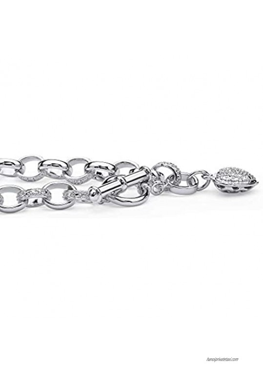 Seta Jewelry Platinum Plated Genuine Pave Diamond Accent Heart Rolo Link Charm Bracelet (6.5mm) Toggle Clasp 7.25 inches