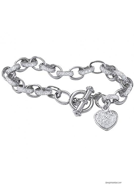 Seta Jewelry Platinum Plated Genuine Pave Diamond Accent Heart Rolo Link Charm Bracelet (6.5mm) Toggle Clasp 7.25 inches