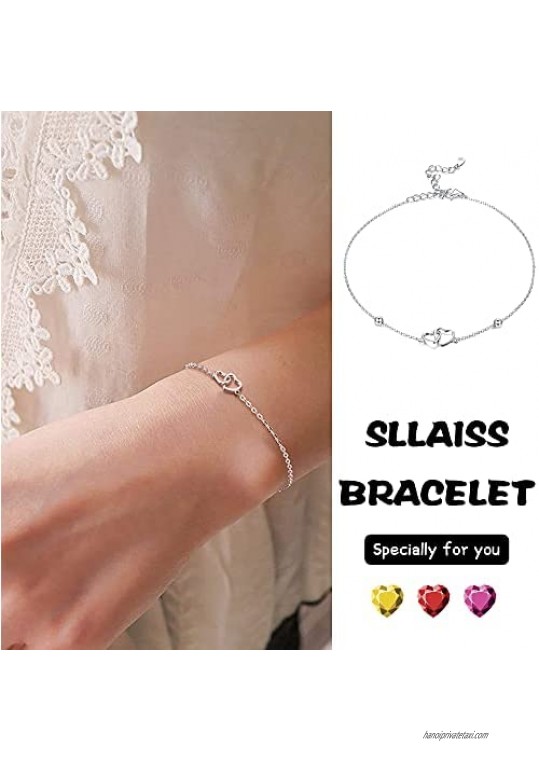 Sllaiss Double Heart 925 Sterling Silver Bracelet for Women Platinum Plated Bracelet Charm Chain Adjustable Bracelets