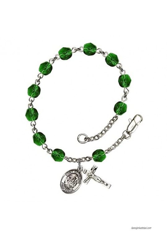St. Catherine of Siena Silver Plate Rosary Bracelet 6mm May Green Fire Polished Beads Crucifix Size 5/8 x 1/4 medal charm