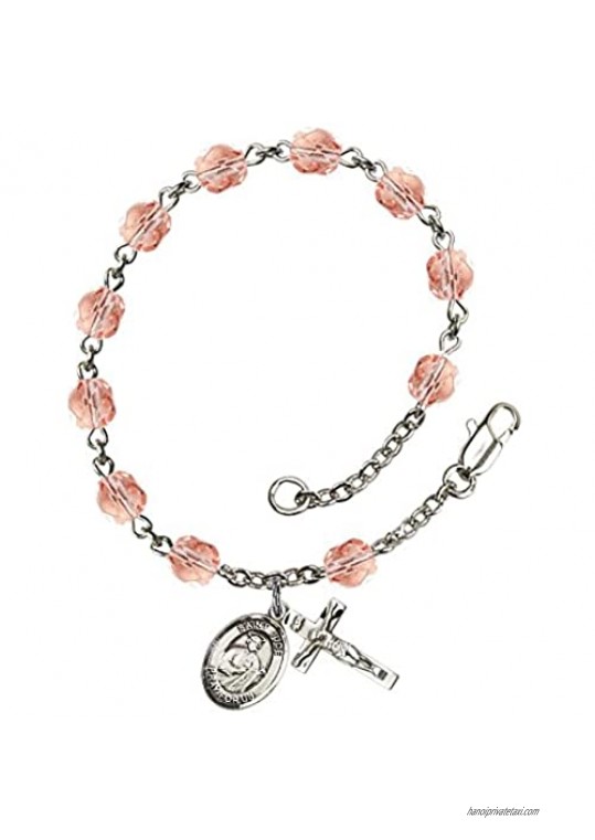 St. Jude Thaddeus Silver Plate Rosary Bracelet 6mm October Pink Fire Polished Beads Crucifix Size 5/8 x 1/4 medal charm