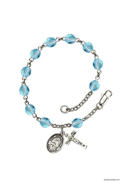 St. Maria Goretti Silver Plate Rosary Bracelet 6mm March Light Blue Fire Polished Beads Crucifix Size 5/8 x 1/4 medal charm