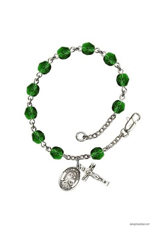 St. Raphael the Archangel Silver Plate Rosary Bracelet 6mm May Green Fire Polished Beads Crucifix Size 5/8 x 1/4 medal charm