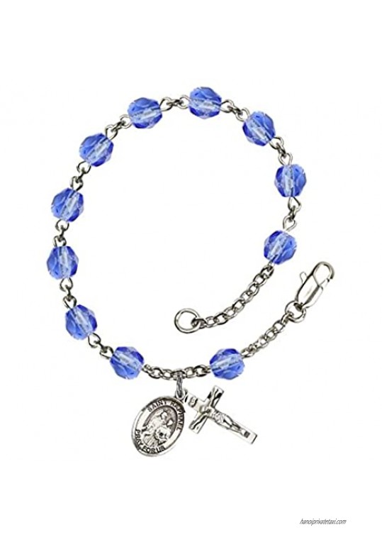St. Raphael the Archangel Silver Plate Rosary Bracelet 6mm September Blue Fire Polished Beads Crucifix Size 5/8 x 1/4 medal