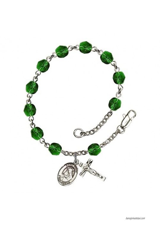 St. Rose of Lima Silver Plate Rosary Bracelet 6mm May Green Fire Polished Beads Crucifix Size 5/8 x 1/4 medal charm