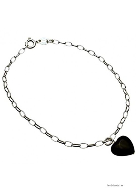 Sterling Silver Charm Bracelet Black Onyx Stone Heart 7.5
