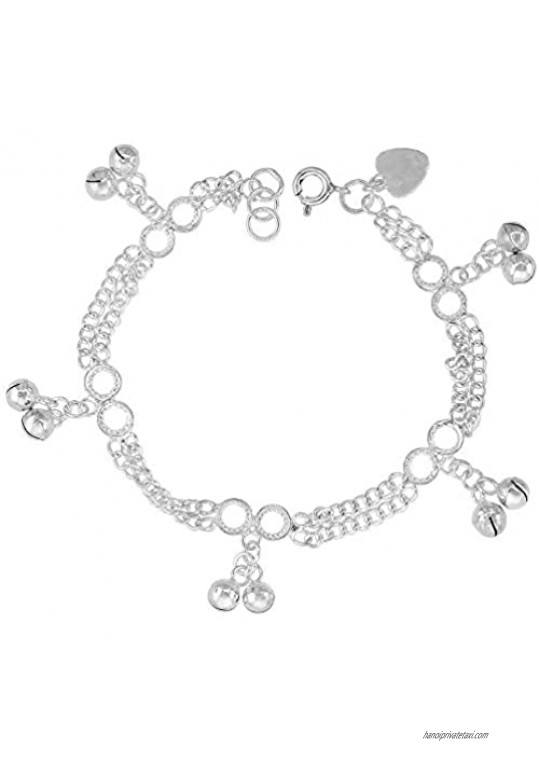 Sterling Silver Dangling Double Cluster Jingle Bells Charm Charm Bracelet for Women 7mm drop fits 7-8 inch wrists