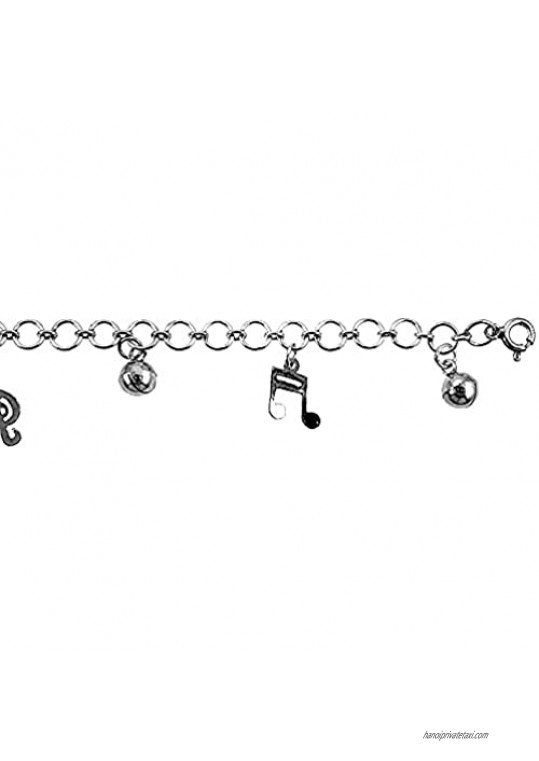 Sterling Silver Dangling Musical Notes and Jingle Bells Charm Charm Bracelet for Women 16mm drop fits 7-8 inch wrists