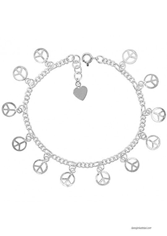 Sterling Silver Dangling Peace Sign Charm Charm Bracelet for Women 13mm drop fits 7-8 inch wrists