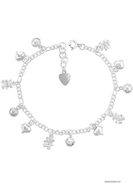Sterling Silver Dangling Teddy Bears Hearts and Jingle Bells Charm Charm Bracelet for Women 15mm drop fits 7-8 inch wrists
