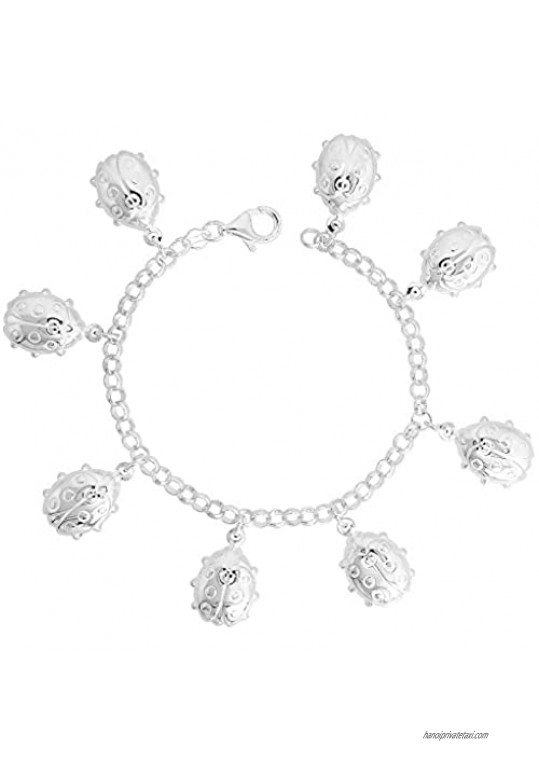 Sterling Silver Ladybug Bracelet for Women 7/8 inch Dangling Charms 7 inches long