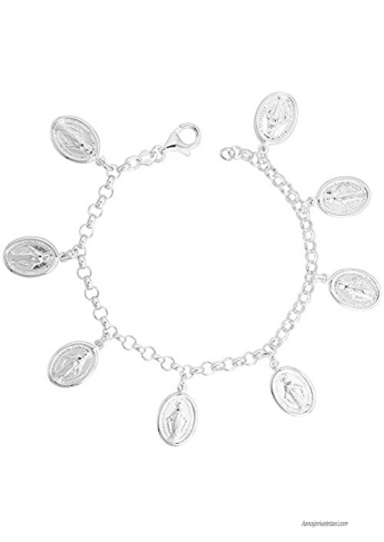 Sterling Silver Miraculous Medal Bracelet for Women 3/4 inch Dangling Charms 7 inches long