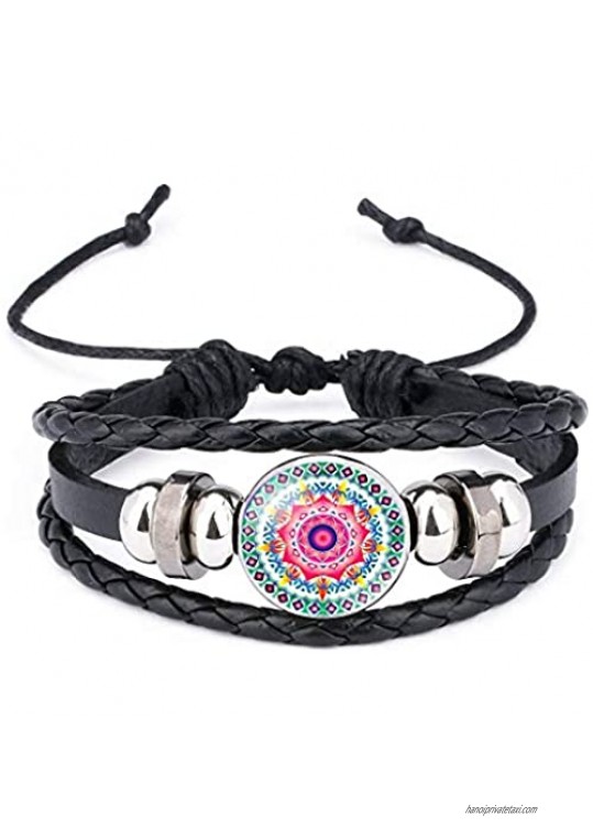 Womens Mandala Geometry Amulet Glass Cabochon Leather Bracelets & Bangles Yoga Zen Buddhism Religious Jewelry for Men Women