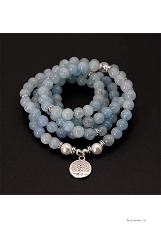 Zozu Fashion Women bracelet Natural Stone beads with Lotus OM Buddha Charm Yoga Bracelet 108 mala necklace dropshipping (life tree-Aquamarine)