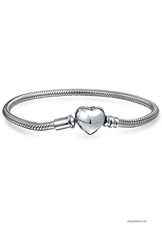 925 Sterling Silver Starter Snake Chain Bracelet for Women Teen Heart Clasp Fits European Beads Charm 7 7 8 8.5 Inch