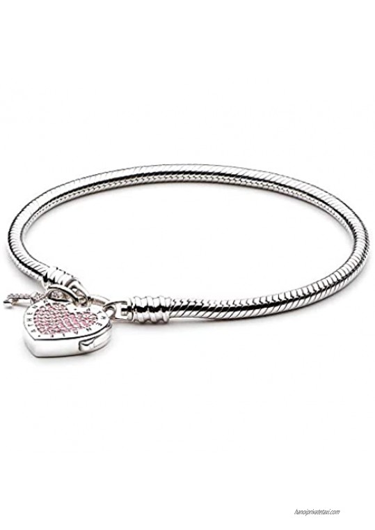 ATHENAIE 925 Sterling Silver Snake Chain with CZ Lock of Love Heart Clasp Charms Bracelet