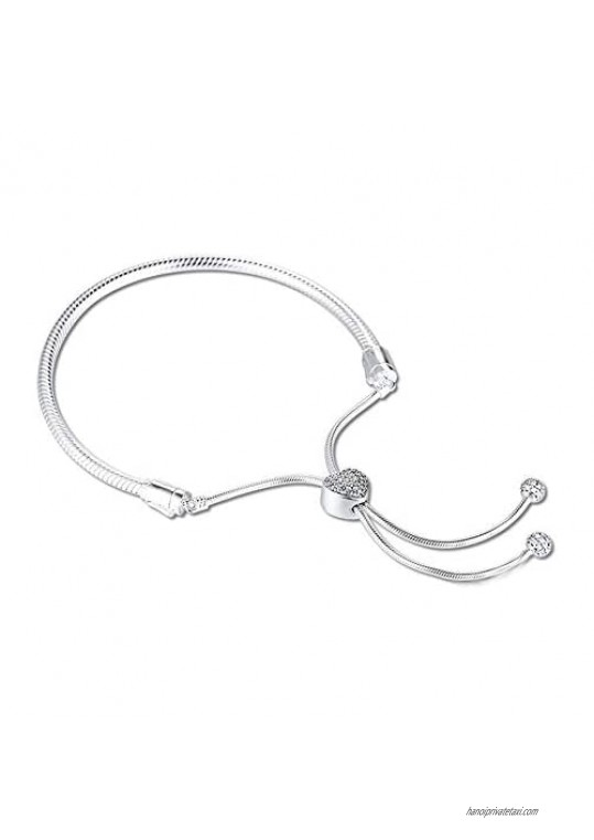 Bracelet Femme 925 Sterling Pave Heart Clasp Snake Chain Slider Charm Bracelets For Women Diy