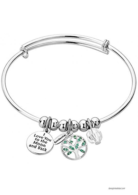 CLY Jewelry Engraved Expandable Bangle Bracelet Family Tree Of LIfe With Crystal I Love You To The Moon And Back Ideal Gift For Women Girl Wife Mom Daughter Granddaughter Grandma Birthday Mother's Day