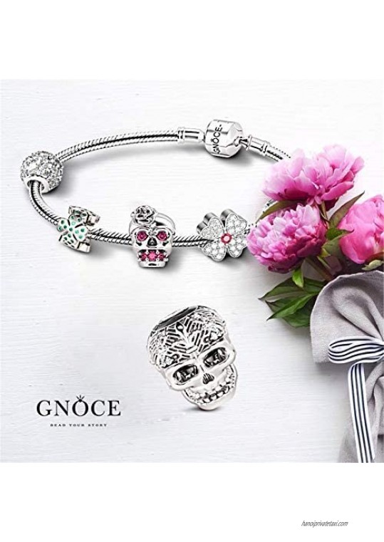 GNOCE Skull Charm Bracelet for Women 925 Sterling Silver Bangle Bracelet with Skull Charm Beads Basic Charm Bangle with Clasp For Wife Daughter