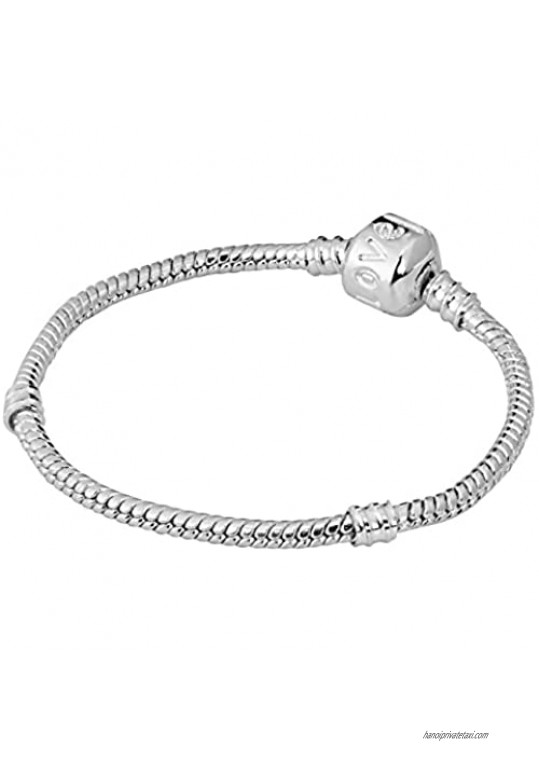 Kinzie Fashion 7.9 Inch Sterling Silver Plated Love Snap Barrel Clasp Snake Chain European Charm Bracelet for Women