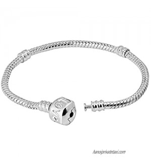 Kinzie Fashion 7.9 Inch Sterling Silver Plated Love Snap Barrel Clasp Snake Chain European Charm Bracelet for Women