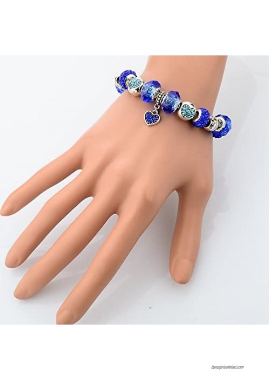 Long Way Silver Plated Snake Chain Blue Glass Bead Heart Charm Bracelet