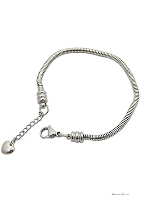 MiniJewelry Women Love Heart Snake Chain for Bead Dangle Charms Bracelets European Style Bead Bracelets 6.7-8.3 inch with 2 Extension Chain